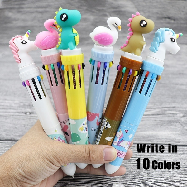 3 Styles Colors Flamingo / Unicorn / Dinosaur Kawaii Colored Ballpoint Pens  Cartoon Multi Color Changing Pen Ball Pen For Kids Gift Ballpoint Pen Kids  Christmas gift Silica Rainbow Creative Material Escolar